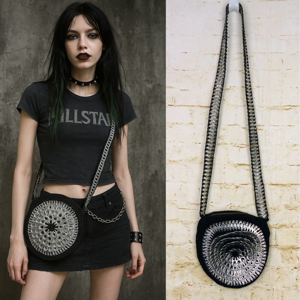Handmade Crochet Soda Can Pull Tab Purse Black Round Crossbody Bag Boho Goth